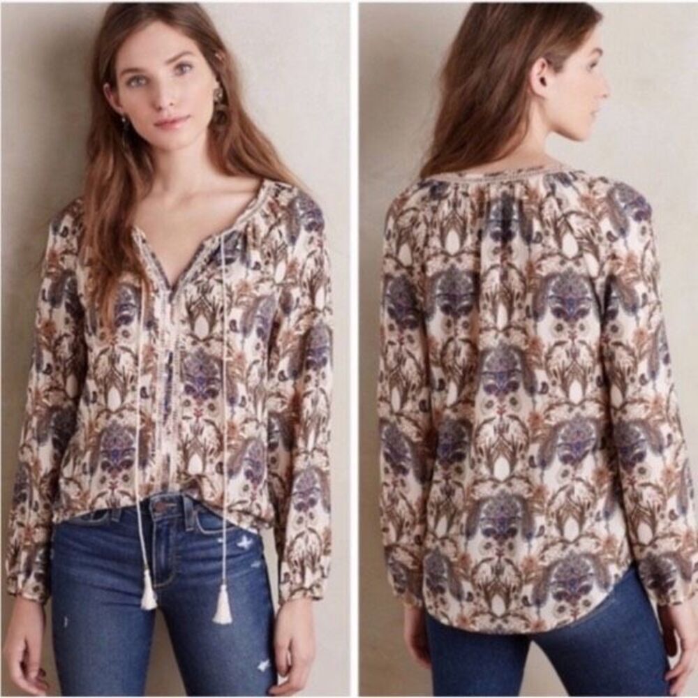Anthropologie Meadow Rue Myrtle Peasant Blouse Size XS Loose Flowy Boho Tassels